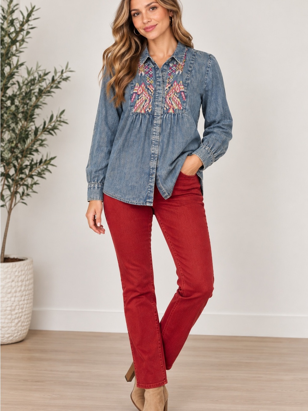 Tolani Chambray Button-Front Blouse with Colorful Embroidery